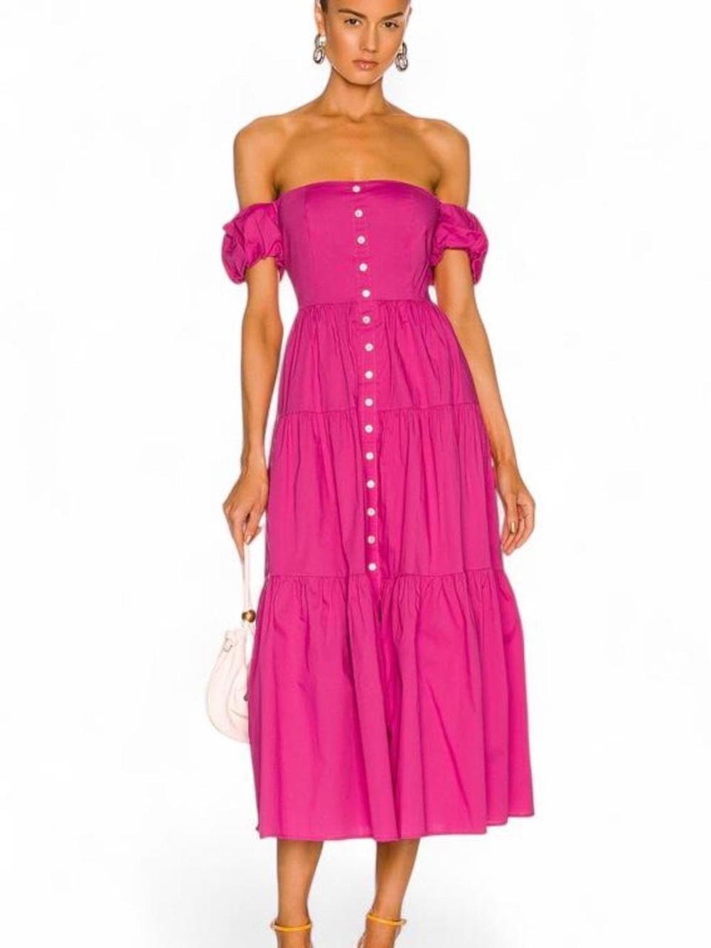 STAUD Pink Elio Summer Off-Shoulder Tiered Button Midi Dress 6